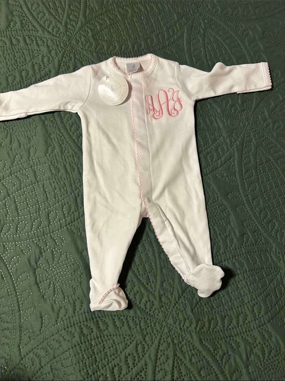 Embroidered Monogram AAJ  Pink-Trim Baby Footie One-Piece